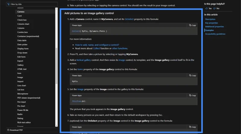 PowerApps-Dokumentation: Verwendung von MS-Dokumenten für Expertenfunktionen