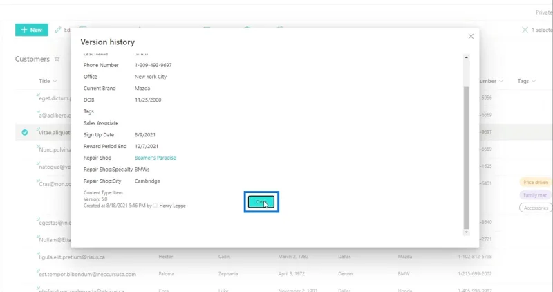 Sejarah Versi Dalam Senarai SharePoint