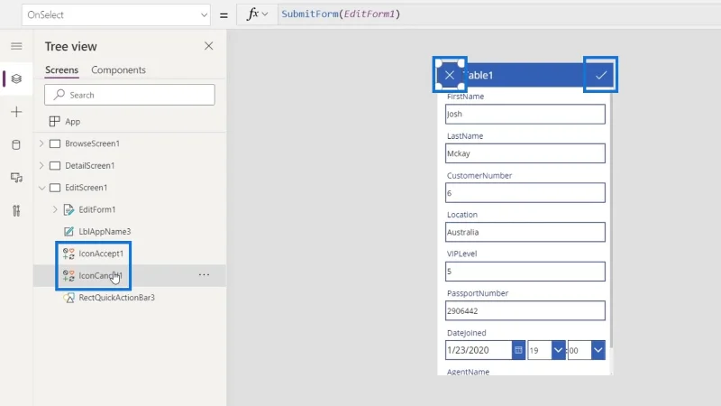 Skrin PowerApps: Mengedit Dan Mengemas kini