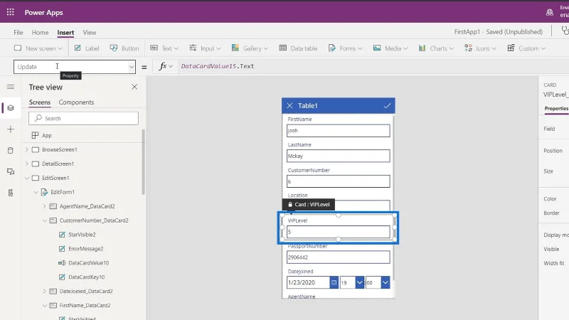 Skrin PowerApps: Mengedit Dan Mengemas kini