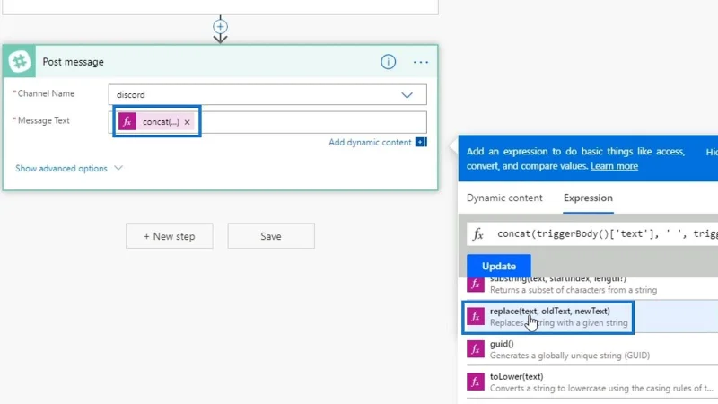 ฟังก์ชันสตริงโฟลว์ของ Microsoft: เชื่อมต่อและแทนที่