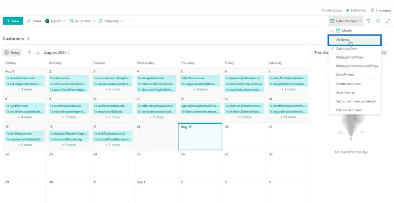 มุมมองปฏิทินรายการ SharePoint