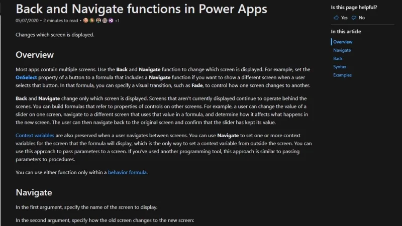 Gambaran Keseluruhan Konteks Navigasi PowerApps