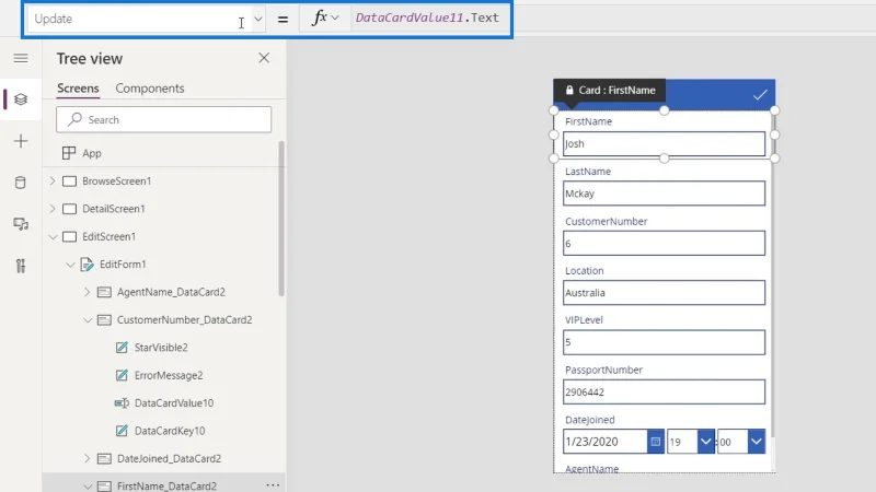 Skrin PowerApps: Mengedit Dan Mengemas kini