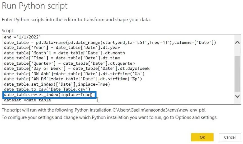 Kuasa BI Dengan Skrip Python Untuk Mencipta Jadual Tarikh
