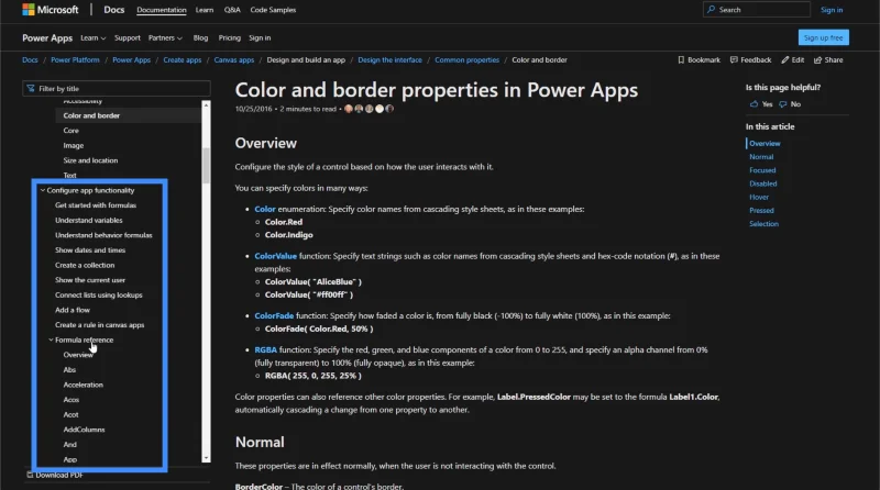 PowerApps-Dokumentation: Verwendung von MS-Dokumenten für Expertenfunktionen