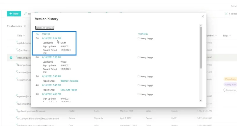 Sejarah Versi Dalam Senarai SharePoint