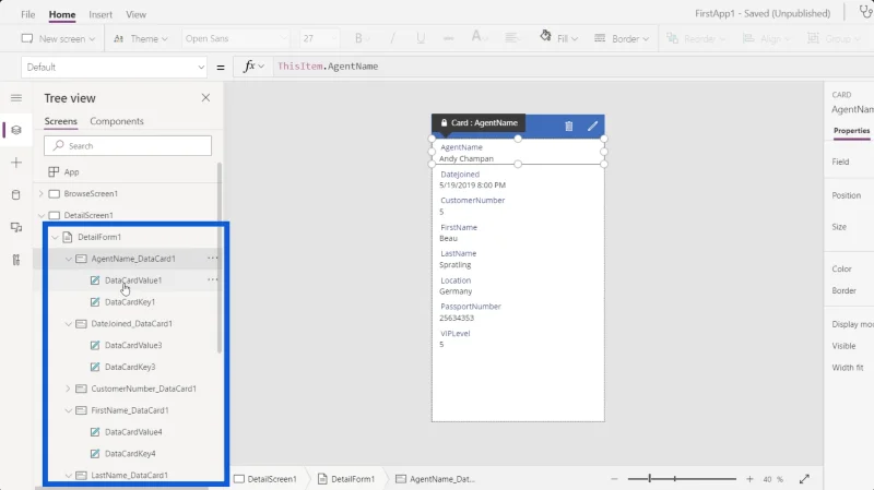 Borang Power Apps Dan Kad Data Dalam Skrin Butiran