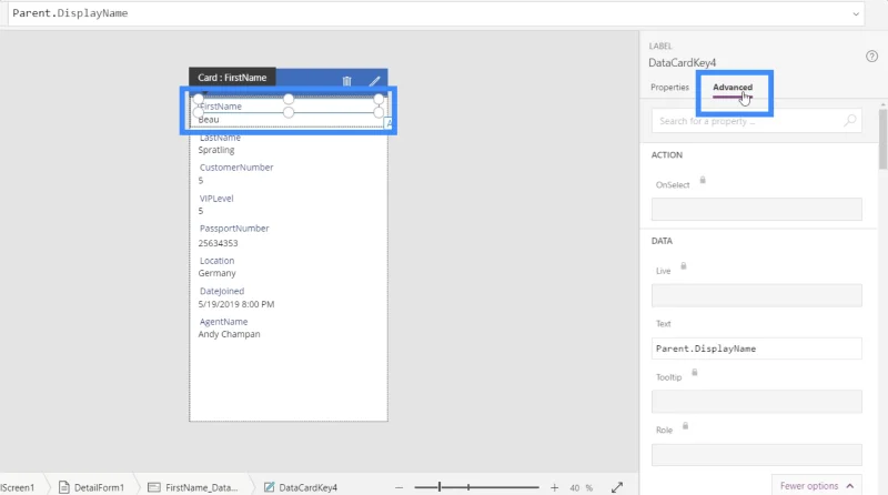 Borang Power Apps Dan Kad Data Dalam Skrin Butiran