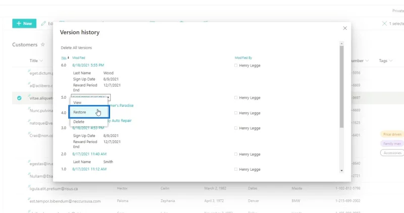 Sejarah Versi Dalam Senarai SharePoint