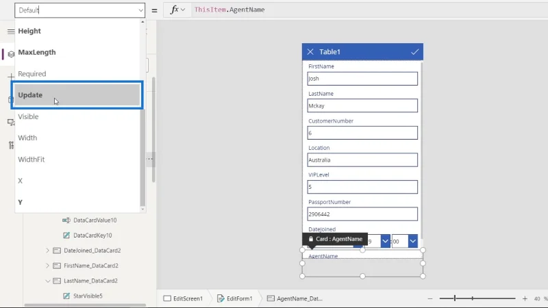 Skrin PowerApps: Mengedit Dan Mengemas kini