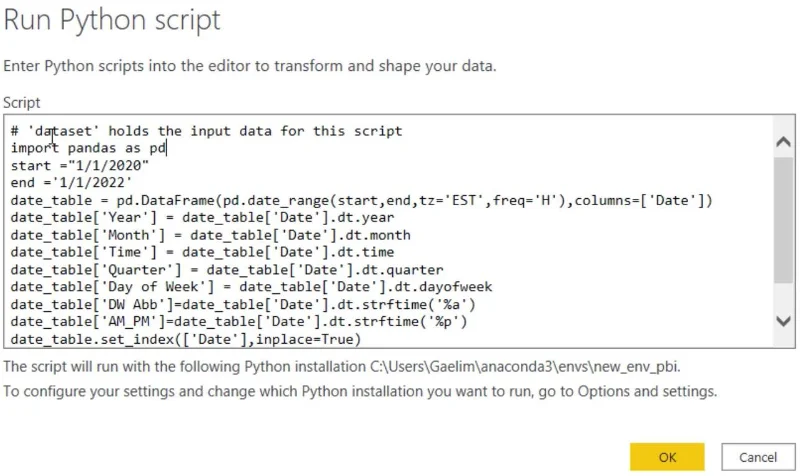 Kuasa BI Dengan Skrip Python Untuk Mencipta Jadual Tarikh