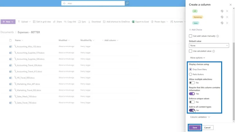 Hinzufügen von Metadaten in SharePoint mithilfe von Spalten