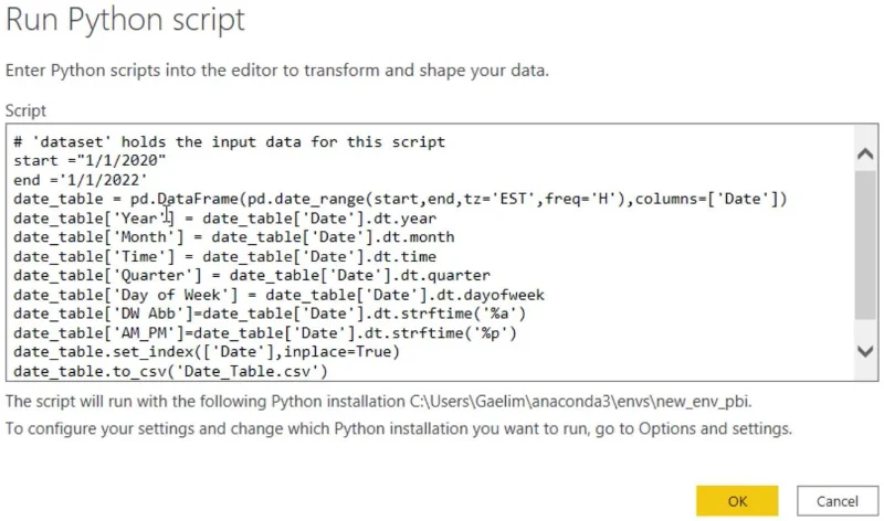 Kuasa BI Dengan Skrip Python Untuk Mencipta Jadual Tarikh