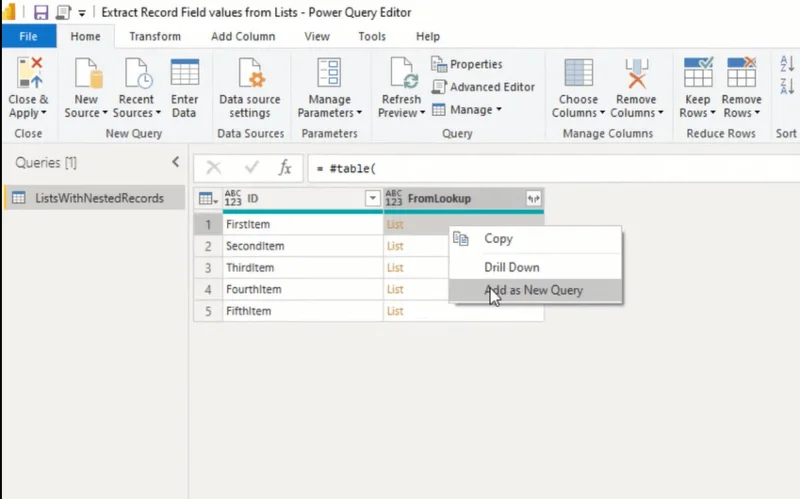 Tutorial do Editor do Power Query: extrair valores de campo de registro de listas