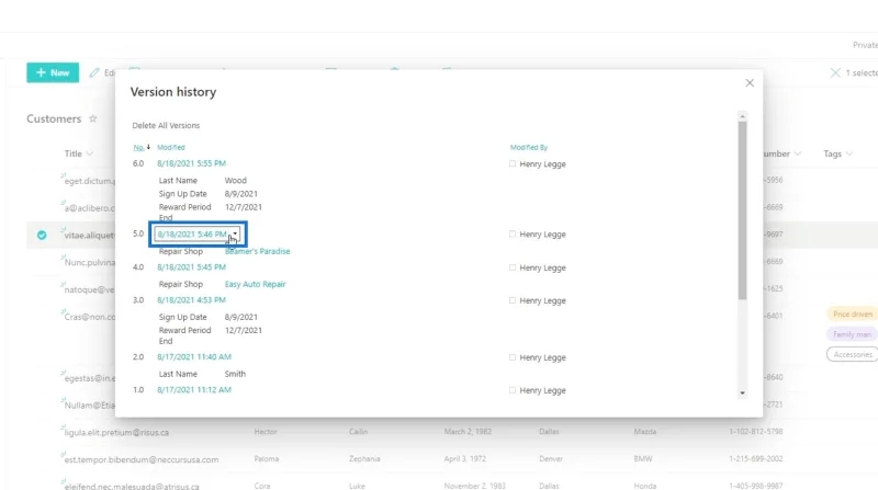 Sejarah Versi Dalam Senarai SharePoint