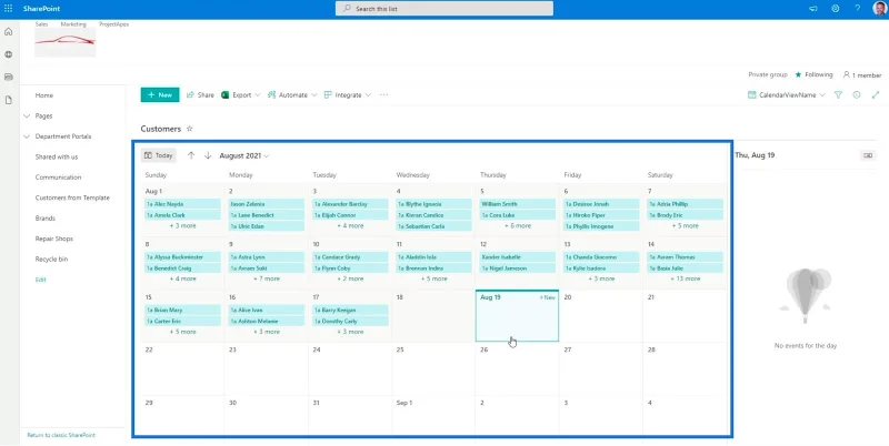 มุมมองปฏิทินรายการ SharePoint