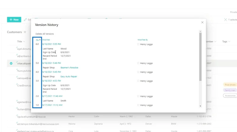 Sejarah Versi Dalam Senarai SharePoint