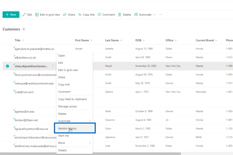 Sejarah Versi Dalam Senarai SharePoint
