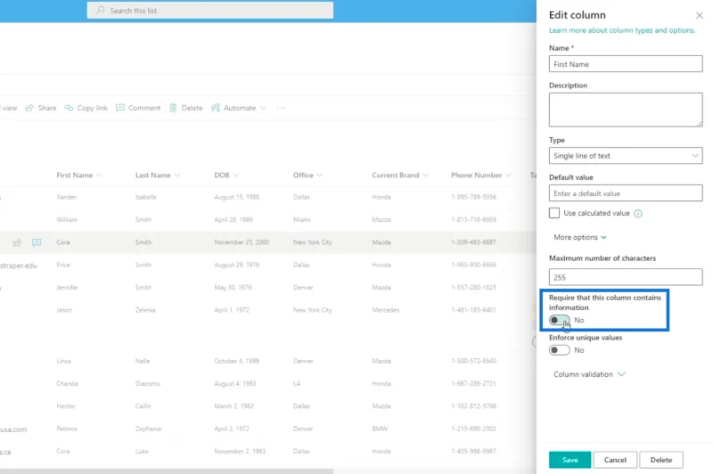 Pengesahan Lajur SharePoint Dalam Dua Cara