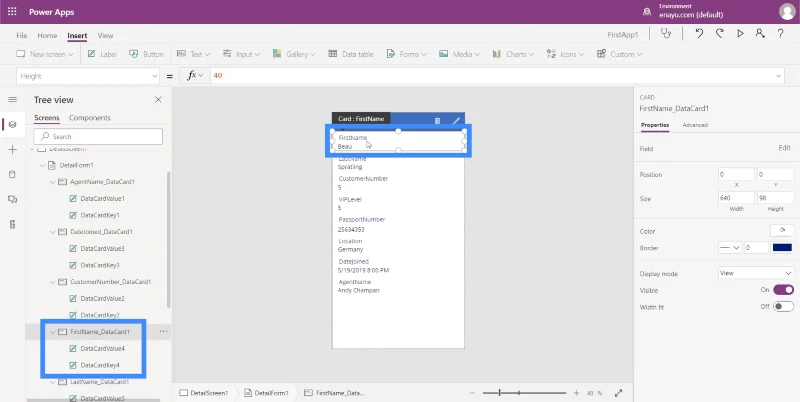 Borang Power Apps Dan Kad Data Dalam Skrin Butiran